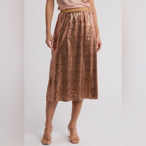 DR2 by Daniel Rainn Sequin A-Line Midi Skirt Copper Rose L - Picture 1 of 11